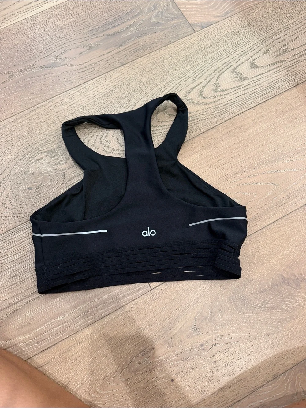 ALO Yoga Black High Neck Racerback Sports Bra with Silver Trim